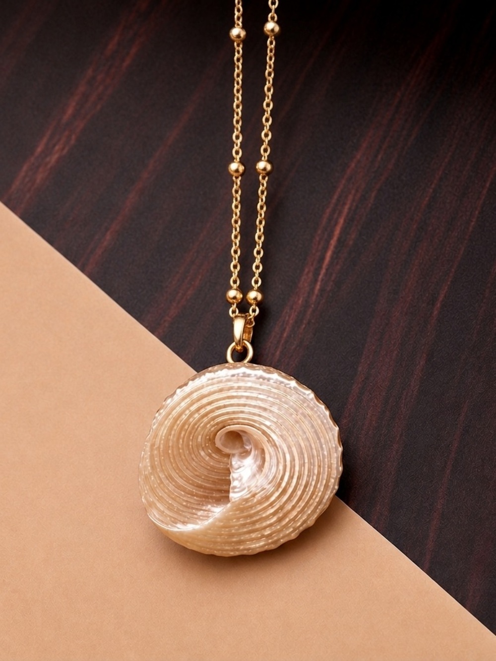 “Trochus” Troca Cone Snail Pearlescent Spiral Gold Dipped Shell Mermaid Necklace - Picture 4 of 6